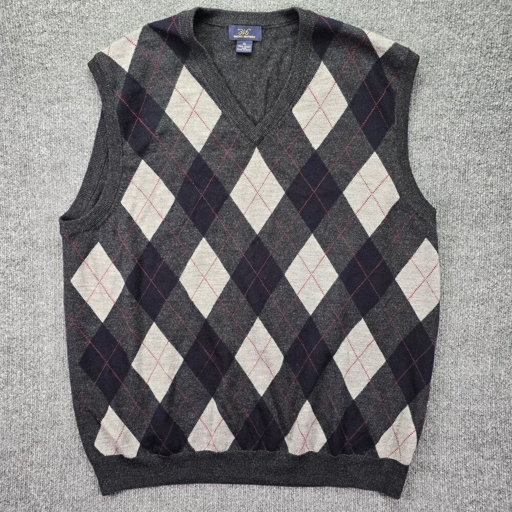Brooks Brothers Sweater Vest Mens XL Charcoal Argyle Merino Wool Pullover V Neck